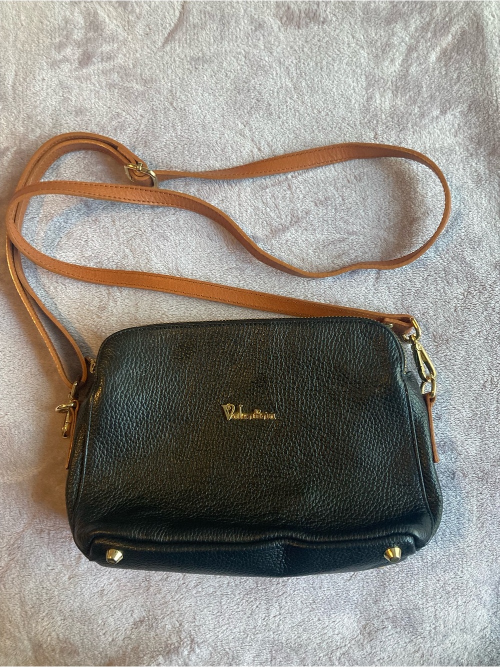 Valentina Black Pebbled Leather Crossbody Purse with Tan Strap